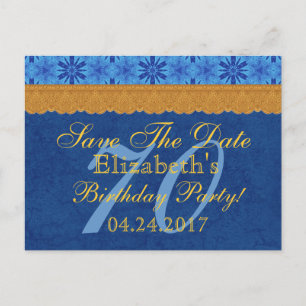 70th Birthday Save the Date Blue and Gold Lace Announcement Postcard