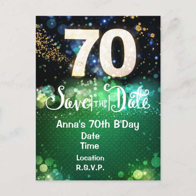 70th Birthday Save the Date Green  Postcard (Front)