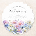 70th Birthday September Birth Flower Custom Paper Coaster<br><div class="desc">Perfect table decor for an September birthday party. Aster is the birth flower for that month. It forms a pretty watercolor bottom border on this floral personalised coaster. The birthday guest of honour's name,  age and birthdate are placed above it using elegant calligraphy and typography. All text is editable.</div>