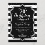 70th Birthday - Silver Black White Stripes Invitation<br><div class="desc">70th Birthday Invitation.
Elegant black design with faux silver. Black and white stripes with glitter diamonds confetti. Perfect for an elegant birthday party.</div>