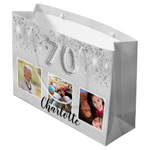 70th birthday silver glitter photo large gift bag