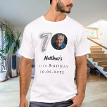 70th birthday silver photo T-Shirt<br><div class="desc">For a white,  light coloured t-shirt. Black text. Personalise and add a photo,  name,  age,  date. Faux silver looking 7-number.</div>