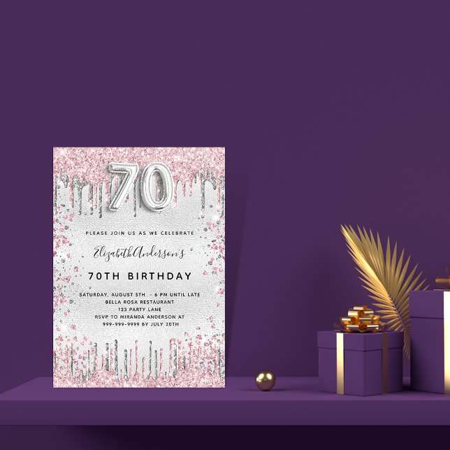 70th birthday silver pink glitter glamourous invitation (Creator Uploaded)