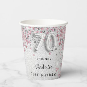 70th birthday silver pink glitter name paper cups