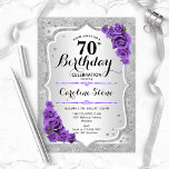 70th Birthday - Silver Stripes Purple Roses Invitation<br><div class="desc">70th Birthday Invitation. Elegant floral design in silver and purple. Features faux glitter silver stripes,  purple roses stylish script font and confetti. Perfect for a glam birthday party.</div>