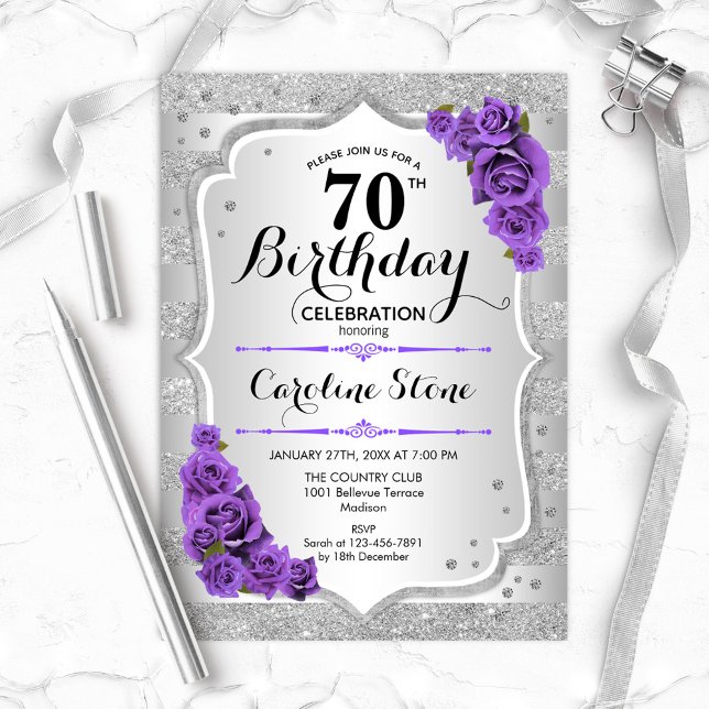 70th Birthday - Silver Stripes Purple Roses Invitation (Creator Uploaded)