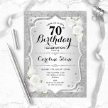 70th Birthday - Silver Stripes White Roses Invitation<br><div class="desc">70th Birthday Invitation. Elegant floral design in silver and white. Features faux glitter silver stripes,  white roses stylish script font and confetti. Perfect for a glam birthday party.</div>