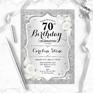 70th Birthday - Silver Stripes White Roses Invitation