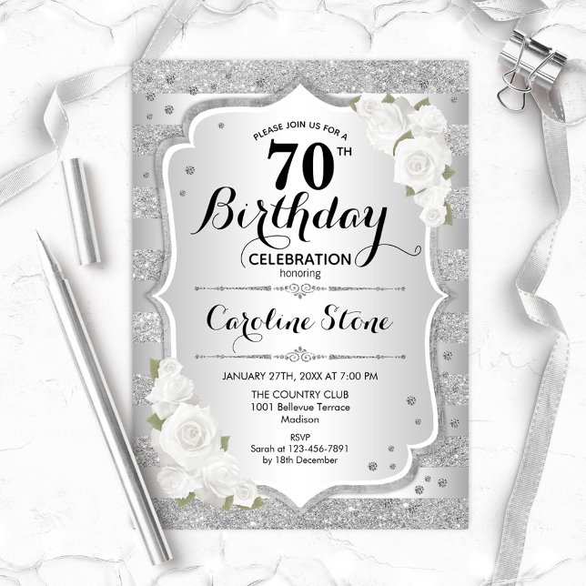 70th Birthday - Silver Stripes White Roses Invitation (Creator Uploaded)