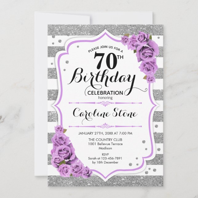 70th Birthday -  Silver White Stripes Purple Roses Invitation (Front)