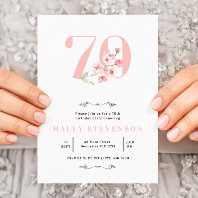 70th Birthday Simple Pink & White Floral Chic Invitation (Creator Uploaded)