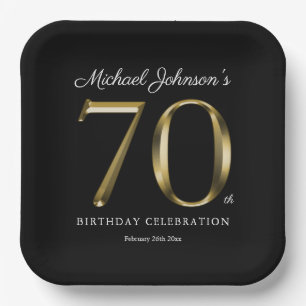 70th Birthday Solid Gold Text Elegant Black Paper Plate