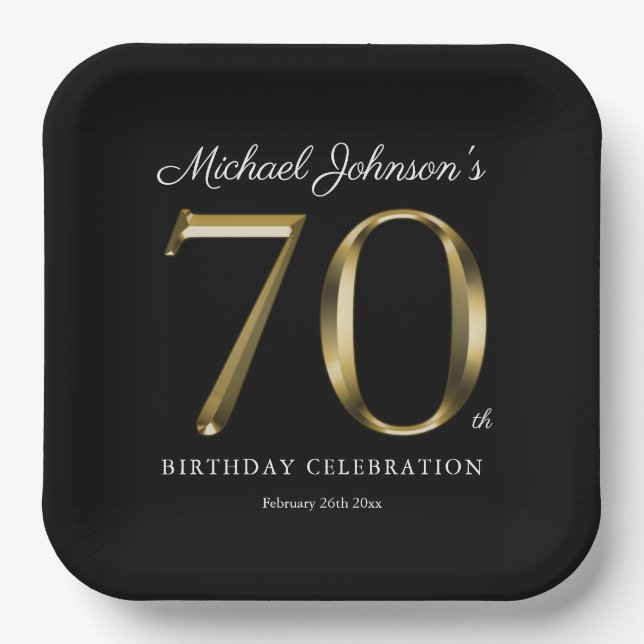 70th Birthday Solid Gold Text Elegant Black Paper Plate (Front)