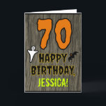 70th Birthday: Spooky Halloween Theme, Custom Name Card<br><div class="desc">The front of this scary and spooky Hallowe'en birthday themed greeting card design features a large number "70" and the message "HAPPY BIRTHDAY, ", plus a customisable name. There are also depictions of a bat and a ghost on the front. The inside features an editable birthday greeting message, or could...</div>