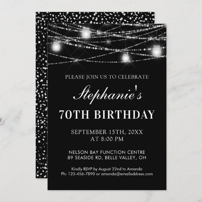70th Birthday String Lights Jars Black White Invitation (Front/Back)