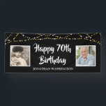 70th Birthday String Lights Photo Black Banner<br><div class="desc">Celebrate a 70th birthday and welcome party guests with this editable black banner sign featuring two photos (perhaps THEN and NOW pictures of the birthday man or woman) with a border of gold and white string lights. EDITABLE COLOR: The black background colour and text fonts and colour can be changed...</div>