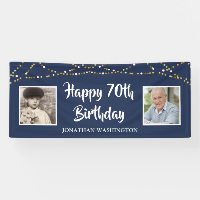 70th Birthday String Lights Photo Blue Banner (Horizontal)