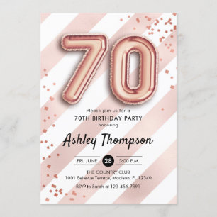 70th Birthday - Stripes Rose Gold Balloons Invitation