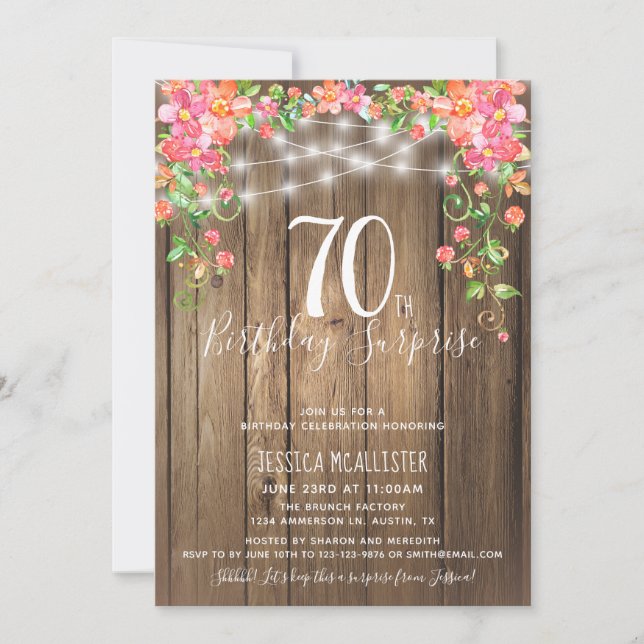 70th Birthday Surprise Brunch Rustic Floral Wood Invitation (Front)