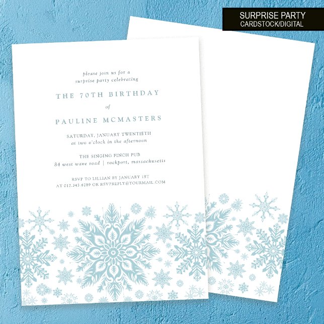 70th Birthday Surprise Party Blue Snowflake Invitation (Creator Uploaded)