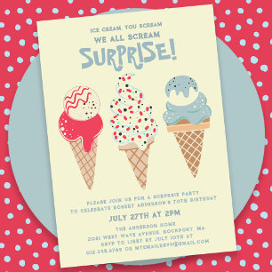 70th Birthday Surprise Party Ice Cream Cone Invitation