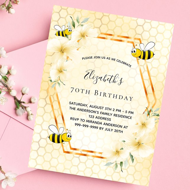70th birthday tea party honeycomb bumble bees invitation (Creator Uploaded)
