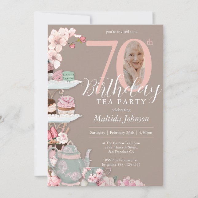 70th Birthday Tea Party Pink Floral Custom Photo  Invitation (Front)