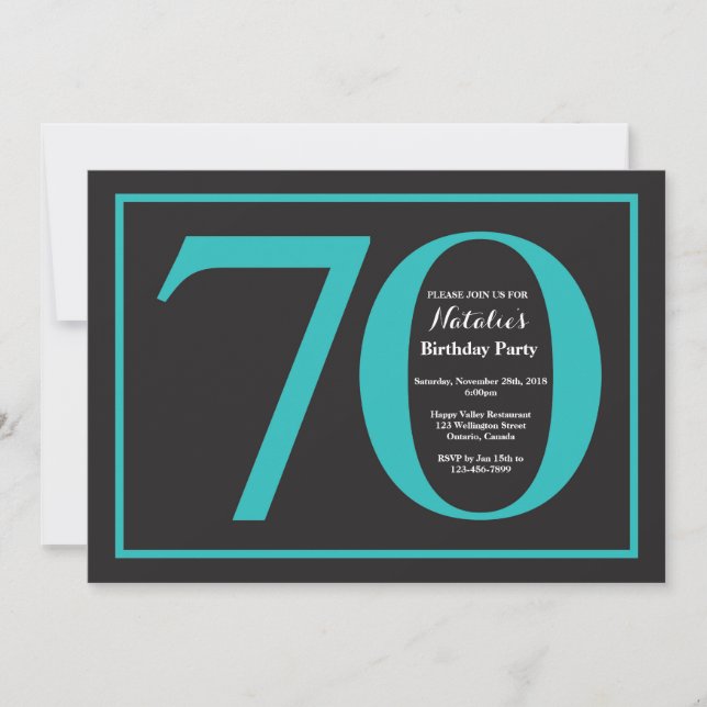 70th Birthday Teal and Black Chalkboard Invitation (Front)