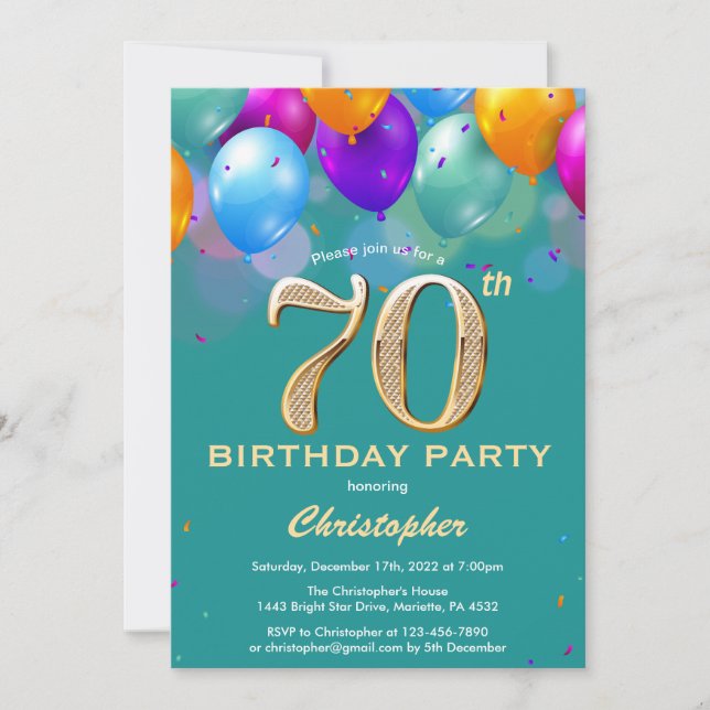 70th Birthday Teal and Gold Colourful Balloons Invitation (Front)