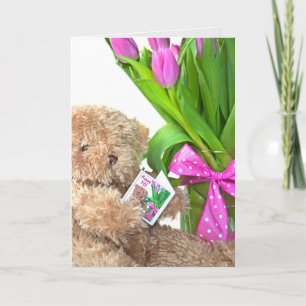 70th Birthday teddy bear with tulip bouquet Card