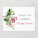 70th Birthday Thank You Rustic Winter Greenery Postcard<br><div class="desc">A sprig of winter greenery and red berries decorates the left side of this 70th birthday thank you card. The back has a second greenery arrangement and a pre-printed thank you message.</div>