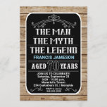 70th Birthday The Man The Myth The Legend 70 YRS Invitation<br><div class="desc">A bold 70th birthday invitation featuring white and blue text over a black background surrounded by wood. Please note the words,  "The Man,  The Myth,  The Legend" and all ornamental lines are NOT editable.</div>