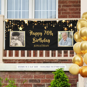 70th Birthday Then & Now Photos Black Gold Stars Banner