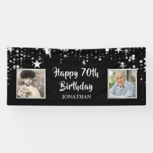 70th Birthday Then & Now Photos Black Silver Stars Banner
