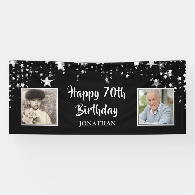 70th Birthday Then & Now Photos Black Silver Stars Banner (Horizontal)
