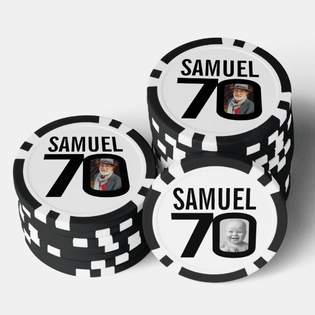 70th birthday two custom photos black and white poker chips (Stack)