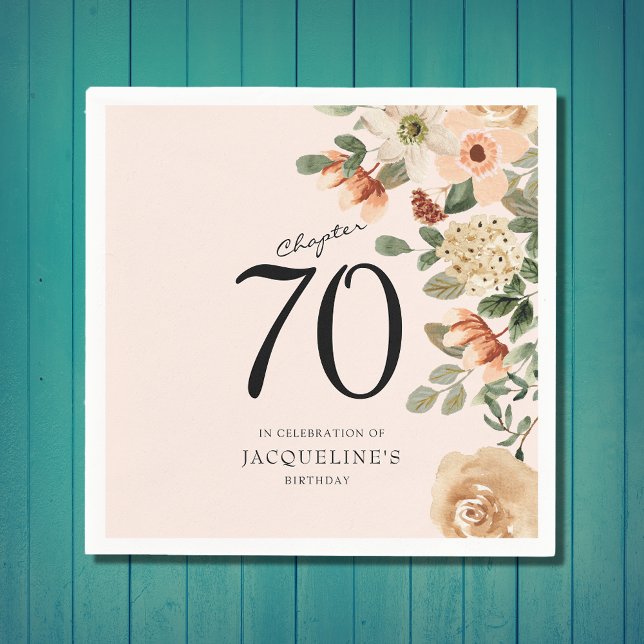 70th Birthday Vintage Floral Napkin (Unique 70th birthday celebration paper napkin. Vintage floral design. Easily customised template.)