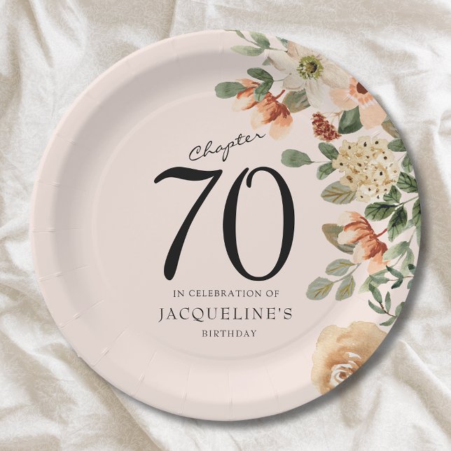 70th Birthday Vintage Floral Paper Plate (Custom 70th Birthday floral paper plate. A chic addition to a party.)