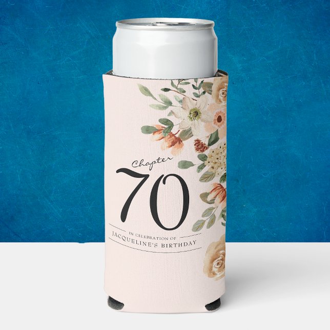 70th Birthday Vintage Floral Seltzer Can Cooler (Keep the drinks cool and party hot with these unique personalized floral coolers.)