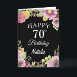 70th Birthday Watercolor Floral Flowers Black Card<br><div class="desc">70th Birthday Watercolor Floral Flowers Black Card with personalised name and age. For further customisation,  please click the "Customise it" button and use our design tool to modify this template.</div>
