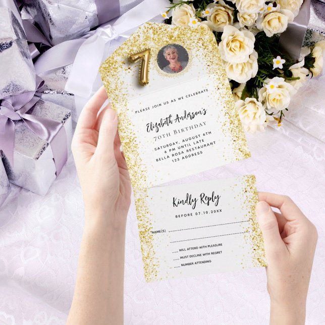 70th birthday white gold photo party RSVP All In One Invitation (Creator Uploaded)