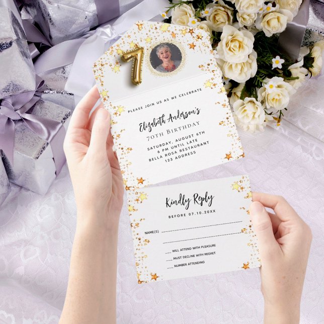 70th birthday white gold stars photo party RSVP All In One Invitation (Creator Uploaded)