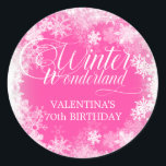 70th Birthday Winter Wonderland Snowflake Favour Classic Round Sticker<br><div class="desc">Elegant winter wonderland 70th birthday invitation features beautiful calligraphy surrounded by a lush snowflake and snow border. The snowflakes pop against the pretty pink background. You can actually change the background colour to any colour. Winter Wonderland can't be changed, but all of the remaining text can be edited. This item...</div>