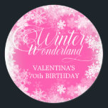 70th Birthday Winter Wonderland Snowflake Favour Classic Round Sticker<br><div class="desc">Elegant winter wonderland 70th birthday invitation features beautiful calligraphy surrounded by a lush snowflake and snow border. The snowflakes pop against the pretty pink background. You can actually change the background colour to any colour. Winter Wonderland can't be changed, but all of the remaining text can be edited. This item...</div>