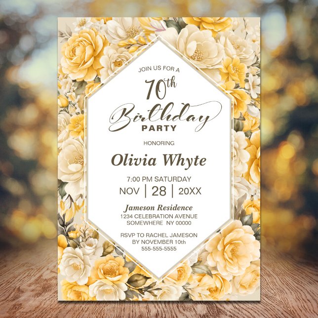 70th Birthday Yellow Rose Floral Party Invitation (Creator Uploaded)