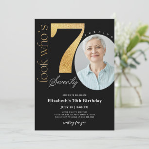 70th Black Gold Birthday Invitation with Photo