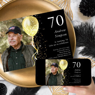 70th   Black & Gold Glitter Photo Birthday  Invitation