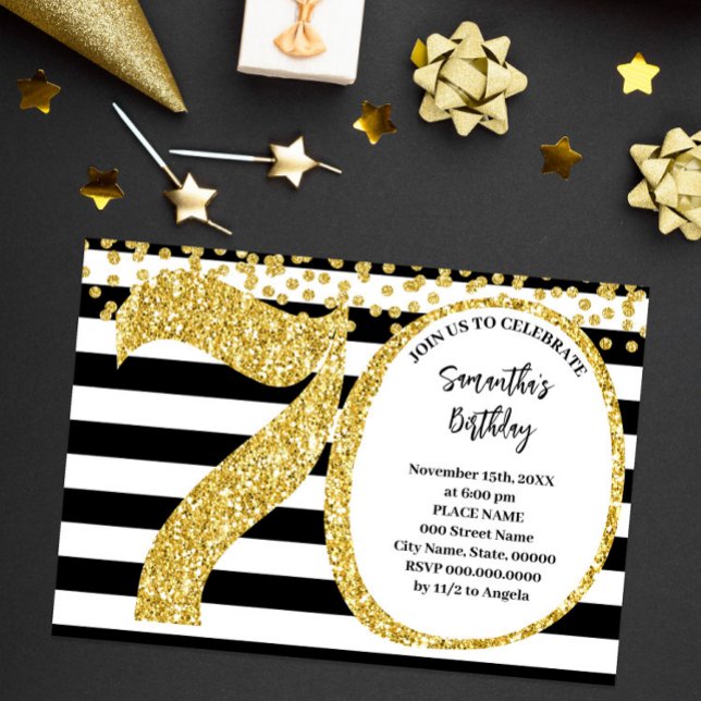 70th Black White and Gold Glitter Modern Birthday Invitation (Creator Uploaded)