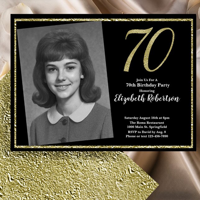 70th Custom Photo Black and Gold  Invitation (Creator Uploaded)