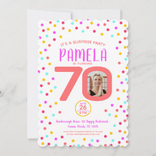 70th custom photo colourful coral confetti birthda invitation